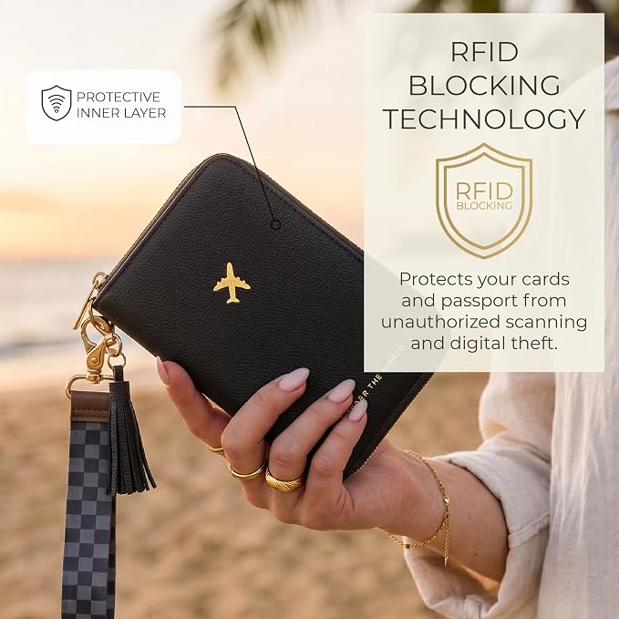 Beautiful Passport Holder And Travel Wallet with Wristlet Strap | All-in-One Organizer for Women Holds up to 4 Passports, w Card Slots and Keychain - RFID Blocking Keeps Documents Safe