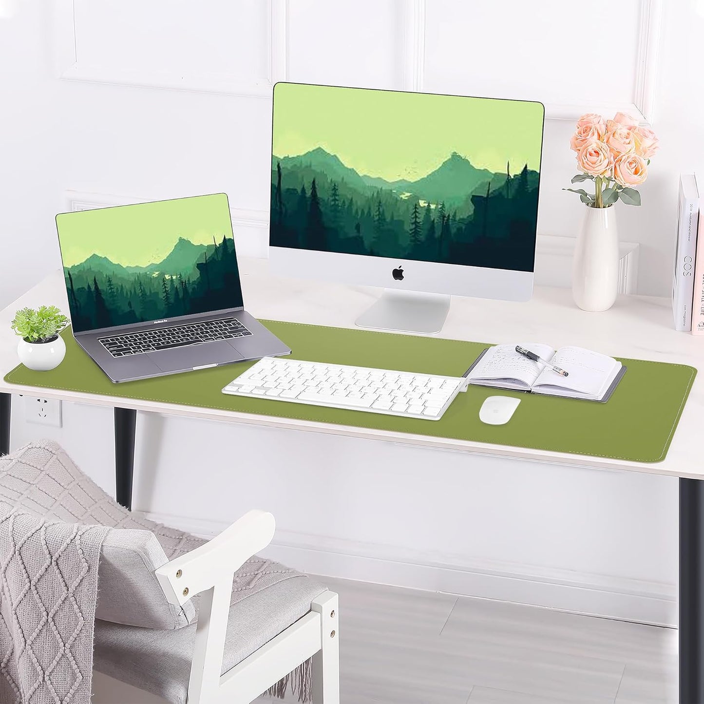 Leather Desk pad Protector, Large Desk mat with Natural Cork & PU Leather,Mouse pad,Non-Slip Office Desk Mat,Waterproof Desk Writing Pad for Office and Home (47in*23.7in, Olive Green)