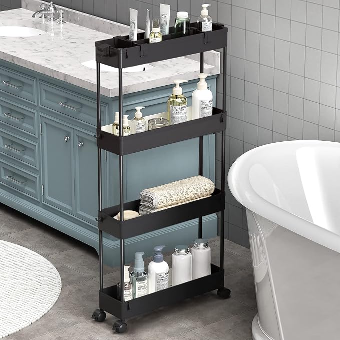 Slim Storage Cart 4 Tier,Bathroom Organizer Rolling Utility,Mobile Shelving Unit Slide Out for Office, Kitchen, Laundry Room & Narrow Places,Black
