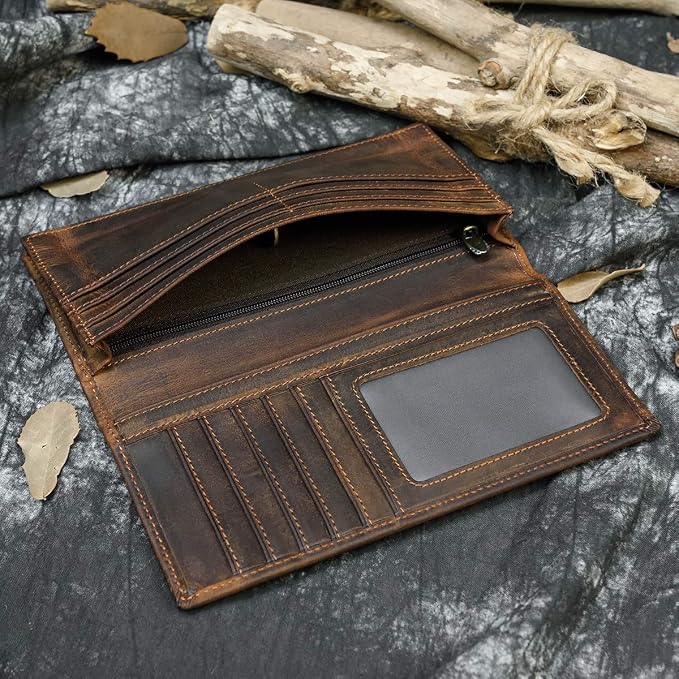 Genuine Leather Long Wallet for Men, Large Capacity Purse Clutch Bag Handbag Checkbook Cash Credit Cards Phone Holder | Large Capacity