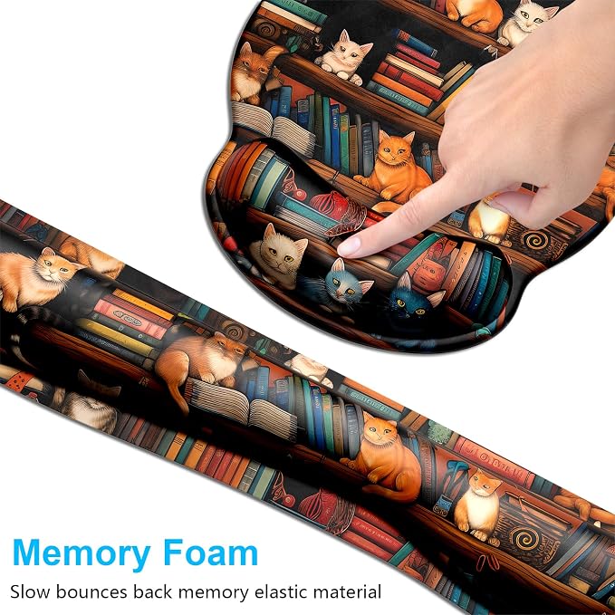 Dapesuom Keyboard Wrist Rest and Mouse Pad with Wrist Support, Cute Memory Foam Cushion for Keyboard and Mouse Set, Ergonomic Pad Rests with Non Slip Base for Easy Typing & Pain Relief, Library Cats
