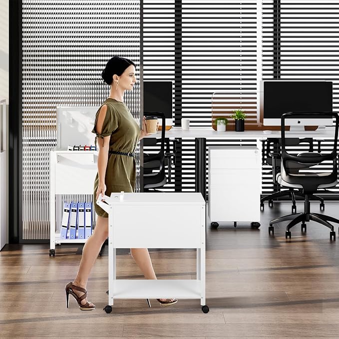 MIIIKO Mobile File Cart with Lock, Rolling File Cabinet Hanging Letter/Legal File Folders with Lockable Sliding Cover, White File Organizer on Wheels