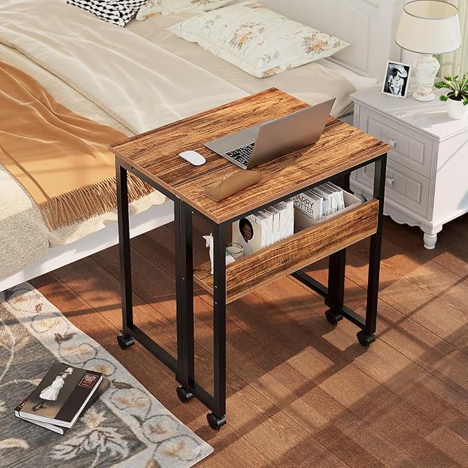GreenForest Folding Desk with Wheels, 24.8" Rolling Table for Small Spaces | Storage Shelf, Lockable Casters, Compact Portable Workstation, Space-Saving Foldable Sofa Table, Home Office, Mobile, Walnut