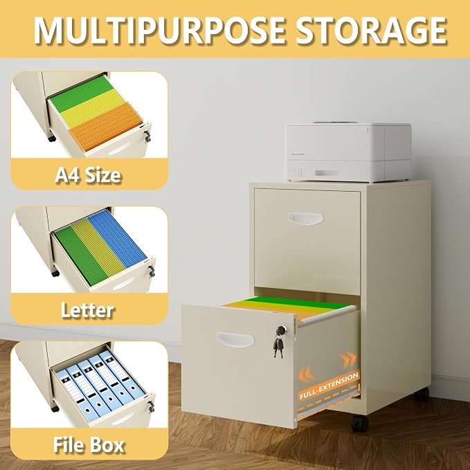 Polup 2 Drawer Rolling File Cabinet with Lock for Home Office | Metal Mobile Filing Cabinet on Wheels, Small Under Desk Storage, Fits Hanging Letter Size, Printer Stand, Cream