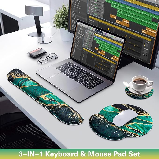 Mouse Pad Green with Wrist Rest Set, 3-in-1 Wrist Support Mousepad | Gaming Mat Pad with Anti-Skid Base,Ergonomic Mouse Pad ,Memory Foam Gel Wrist Rest for Computer Keyboard