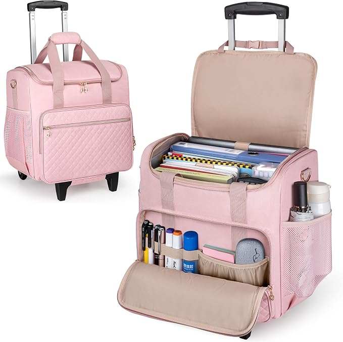 LUXJA Rolling Teacher Bag with Wheels and 15.6" Laptop Compartment, Pink | Rolling Briefcase for Women, Teacher Tote Bag for Office Work with Detachable Dolly and Shoulder Strap, Ample Storage Pockets
