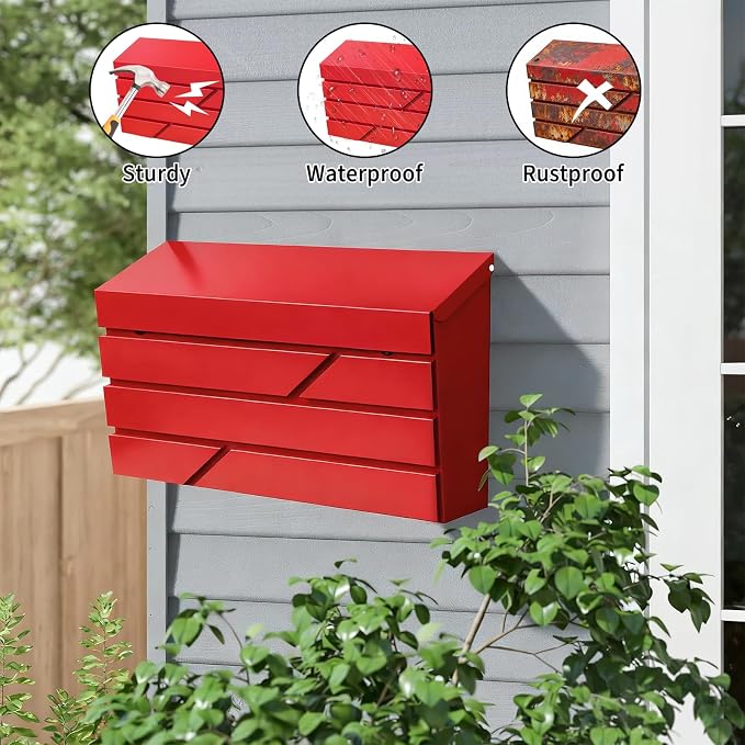 Wall Mount Mailbox for House Outside, Large Capacity Mailbox Drop Box, Galvanized Steel and Rust-Proof Metal Post Box, 15.74"x9.84"x4.33", Red