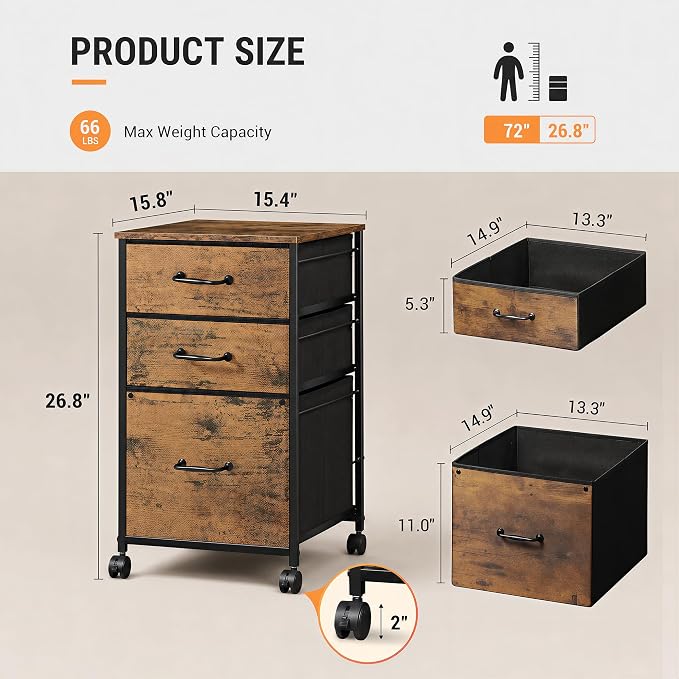 DEVAISE 3-Drawer Mobile File Cabinet, Rolling Printer Stand, Rustic Brown | Fabric vertical filing cabinet with 3 drawers, wood desktop, steel frame, fits A4/Letter, Under Desk Storage for home office
