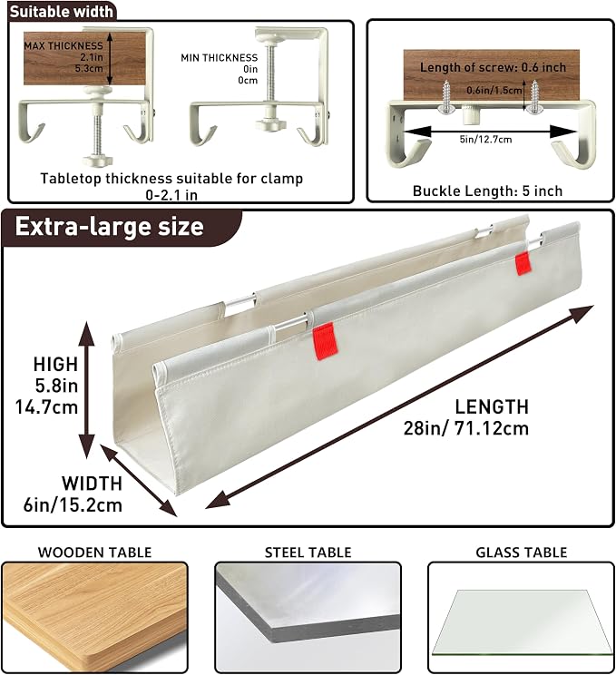 Under Desk Cable Management Tray – No Drill, 28" L x 6" W, Non-Scratch Silicone Clamps, 16 Cable Slots, Washable Honeycomb Base,Beige