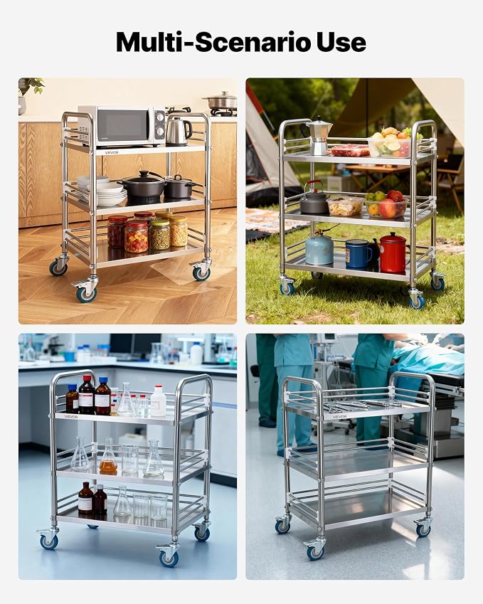 VEVOR Stainless Steel Rolling Cart, 3-Tier Metal Utility Cart with Lockable Wheels, Medical Serving Trolley Clinic Tray, Mobile Service Cart for Hospital, Lab, Restaurant, Kitchen, Salon