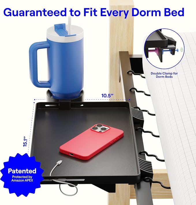 BedShelfie Bedside Shelf for Dorm Room - Dorm Essential, Black | Bunk Bed & Top Bunk, College Dorm Room Essentials, Bedside Caddy, Clip on Floating Desk Tray, Bed Side Table, Loft Nightstand