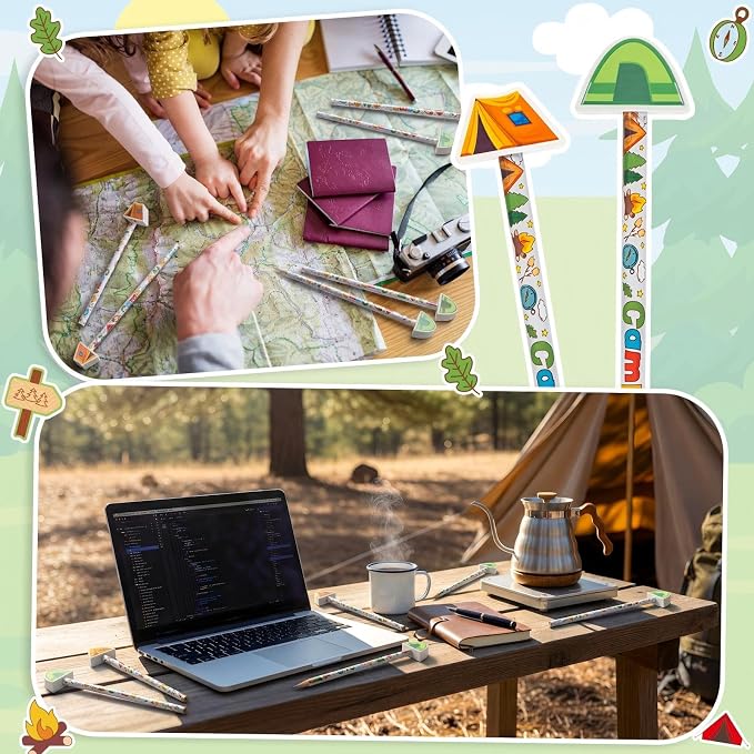 32 Pcs Camp Pencil with Eraser Summer Camping Party Favors Camping Stationery Supplies for School Classroom Exchange Gift Reward Prizes Adventure Vbs Party Supplies
