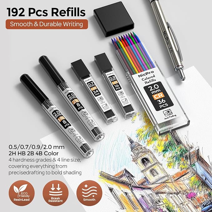 Nicpro Art Mechanical Pencil Set in Storage Case, Metal Drawing Pencil 6PCS | 0.5-2.0 mm Led Pencil + (4B 2B HB 2H Colors) Pencil Lead Refill, Comfort Grip for School Writing, Artist Drawing Sketching