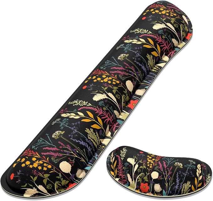 Dapesuom Enlarge Keyboard Wrist Rest, Memory Foam Wrist Cushion for Desk Mats Support, Typing Pain Relief Keyboard Mouse Pad Rests Set with Non-Slip Base for Gaming Laptop Computer, Floral Cartoon
