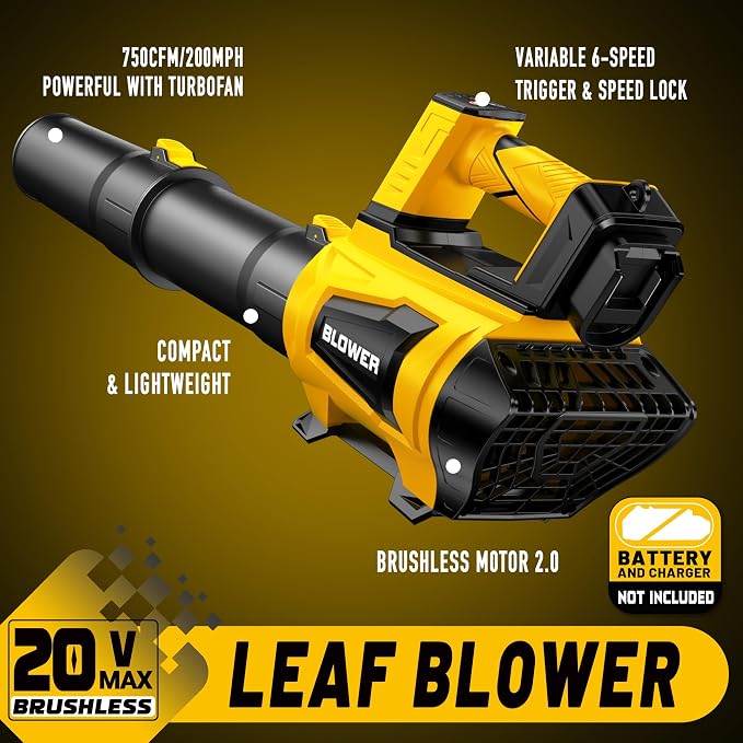Cordless Leaf Blower Compatible with Dewalt 20V Battery(No Battery), 250MPH | 750CFM | 6 Speed Brushless Turbofan Powerful Electric Leaf Blowers for Lawn Care, Patio, Blowing Leaves (Tool Only)