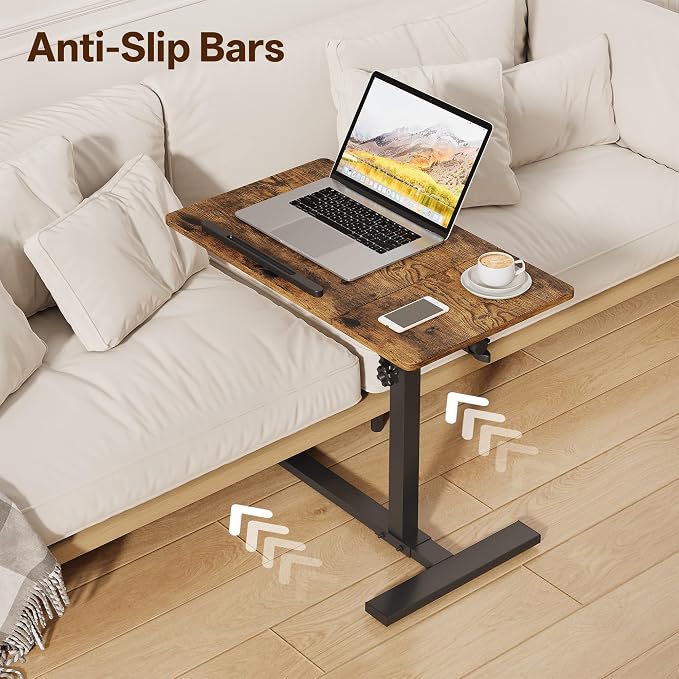 Overbed Table with Wheels Rolling, Adjustable Mobile Bedside Desk | Flip-Top, Laptop Table, C Shaped End Side Table for Couch, Sofa, Bed, Recliner and Home Use, Large Brown