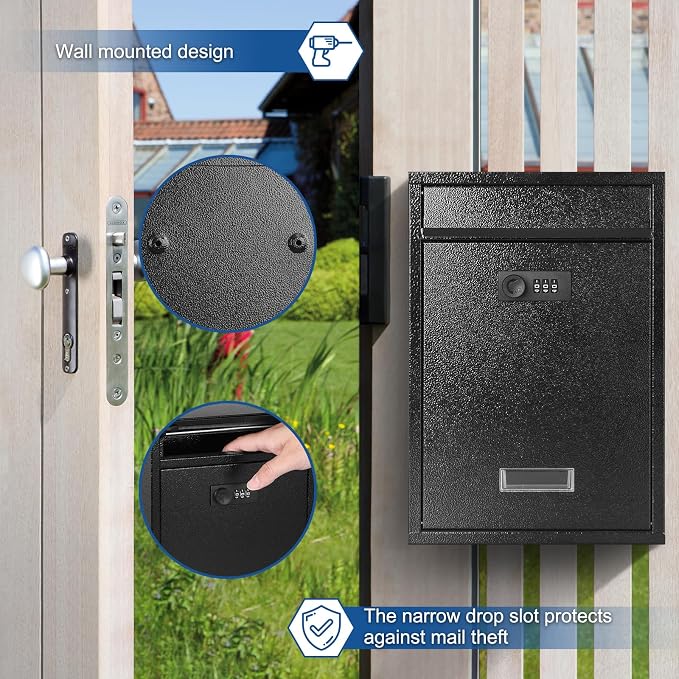KYODOLED Locking Wall Mount Mailbox, Mail Boxes with Combination Lock for Outside, Security Cash Key Letter Drop Box with Code for House Office School,12.4H x 8.54L x 3.35W Inches, Black