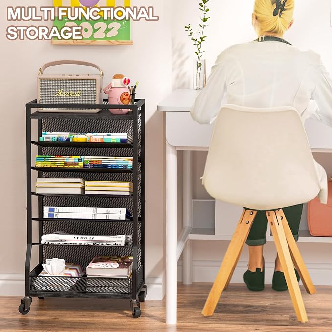 ThreeHio 7 Tier Rolling File Cart with Sliding Trays, Wood Metal File Organizer Beside Desk, Free-Standing File Holder, Paper Letter Tray Organizer Mesh Desk Organizer for Home Office School (Patent)