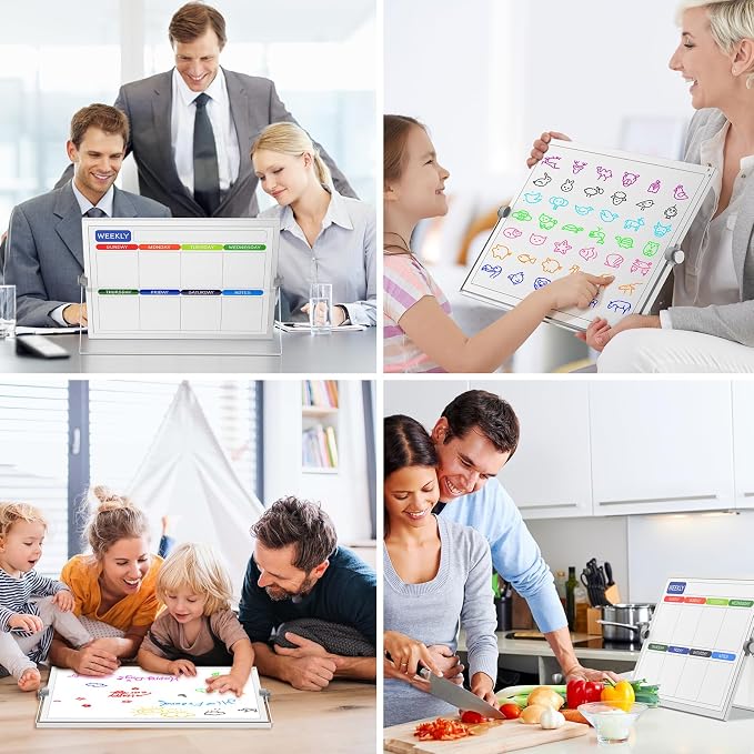 Desktop Weekly Whiteboard 16x12 Stand, Double Sided Dry Erase Board | Portable with Handle, Foldable Aluminum Stand, 360° Angle, 8 Markers 4 Magnets 1 Eraser, Smooth Magnetic Surface