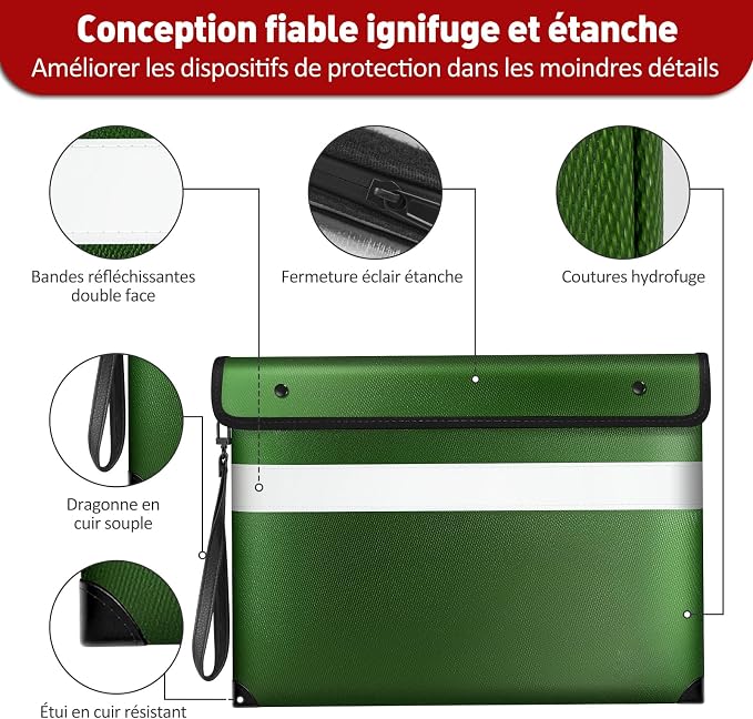 Vailoin 6200°F Fireproof Document Bag, 8 Layers of Heat Insulated Materials | Double-sided Reflective Strip, Waterproof Zipper,Certified to SGS UL94 V-1, for Tablet, Cash, A4-sized documents（Green)