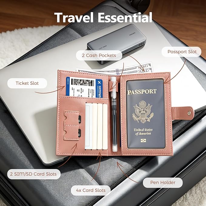 Veki Passport Holder for Travel, RFID Blocking Passport Cover, Pink | Passport Wallet, RFID Blocking, PU Leather, Durable Passport Case with Card Holder, Pen Slot, Travel Essentials for Women Men