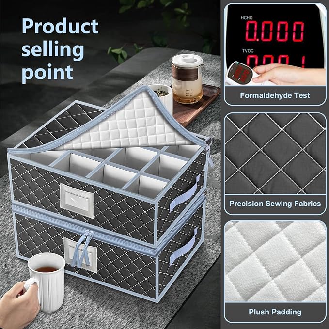 China Dinnerware Storage Containers Set- Dish,Mug,Stemware Storage Cases - Quilted Box Bins Stackable with Divider,handles,Clear Window for Cups,Plates,Wine Glasses Moving Set of 6 (Grey