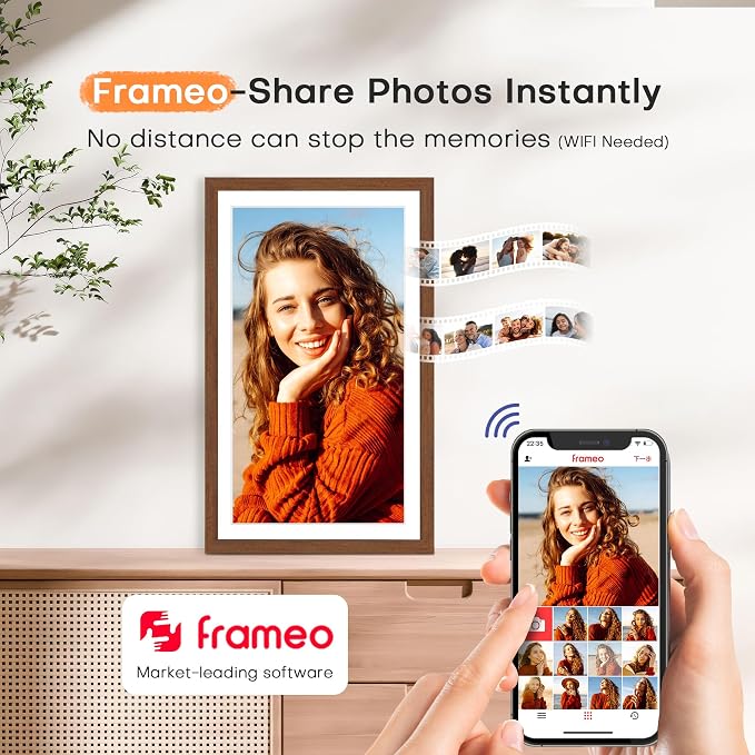 Digital Picture Frame, 15.6 Inch Frameo Digital Frame WiFi, 1920 * 1080 IPS FHD Touchscreen, 32GB, Tabletop&Wall-Mounted, Share Picture Video, Large Electric Photo Frame, Mom Gifts, Teak Woodgrain