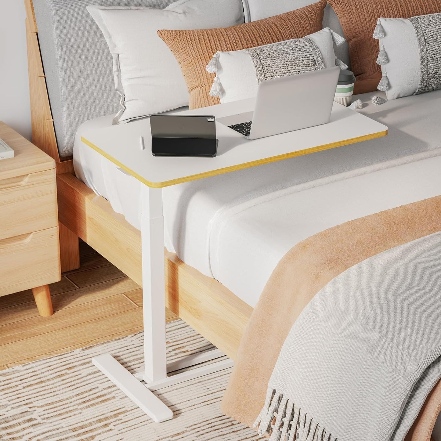 SANODESK Mobile Standing Desk with Hidden Wheels,Pneumatic Laptop Desk Rolling Computer Cart Movable Height Adjustable Small Sit Stand Desk for Home Office(27.6" W x 15.7" D, White+Maple Band)