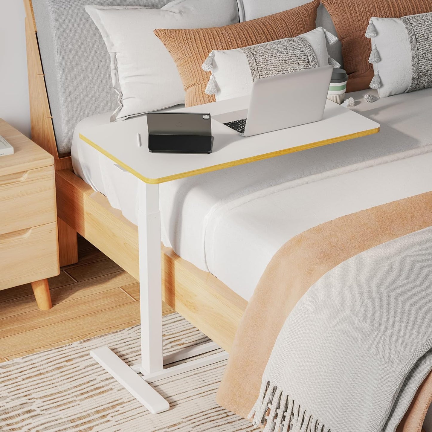 SANODESK Mobile Standing Desk with Hidden Wheels,Pneumatic Laptop Desk Rolling Computer Cart Movable Height Adjustable Small Sit Stand Desk for Home Office(31.5" W x 17.7" D, White+Maple Band)