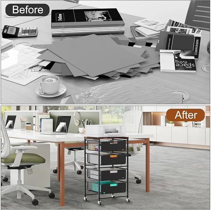 EasyPAG Rolling Storage Cart with 4 Drawers, Under Desk File Cabinet on Lockable Wheels, Moviable Hanging File Folder Organizer with Wooden Printer Stand for Home Office