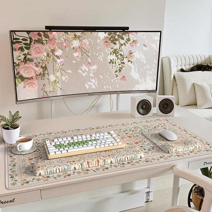 iCasso Mouse Pad with Wrist Rest,Ergonomic Large Desk Mat Set, Beige | Keyboard Pad with Wrist Support, Non-Slip Mouse Mat for Women, Cute Floral Computer Mat for Home Office Gaming