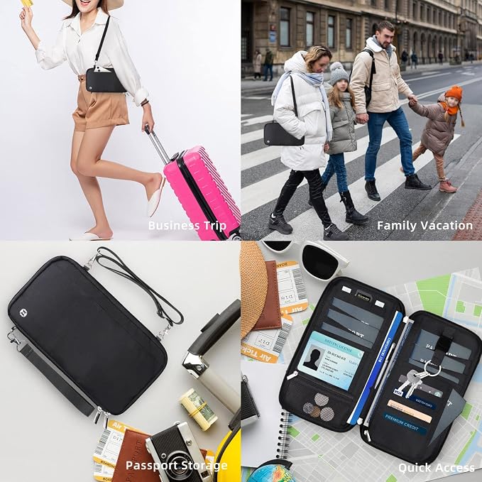 WALNEW Passport Holder for Travel Family, RFID Blocking Passport Wallet | International Travel Essentials, Travel Document Holder with Wristlet and Cross Body Straps, Fits 7 Passports for Family