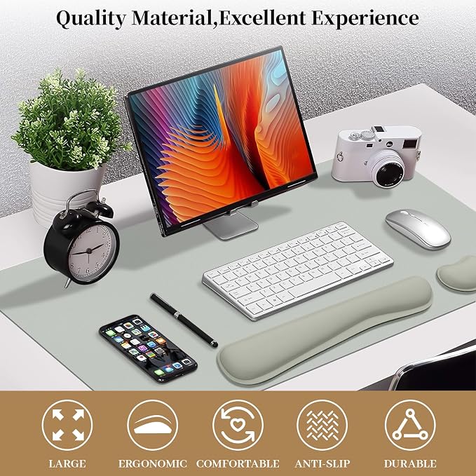 Keyboard and Mouse Pad, 3-in-1 Desk Mat Set Keyboard Wrist Rest | 31.5" x 15.7" Desk Mat, Ergonomic Wrist Rest for Computer Keyboard, Non-slip Base, Waterproof Computer Mat, Light Grey
