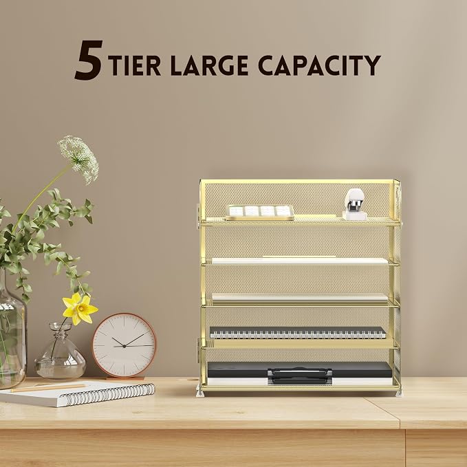 5 Trays Paper Organizer Letter Tray with Handle-Mesh Desk File Organizer, Paper Sorter Desk Organizer for Office, Home or School (Golden)