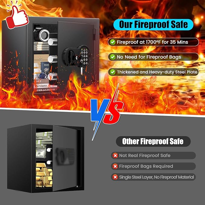 2.0 Cuft Fireproof Safe Box for Home,Digital Keypad,35-Min Fire Protection | 35-Min Fire Protection at 1700°F, Removable Shelf, Smart Alarm & Anti-Pry Security, External Emergency Power, Silent Mode