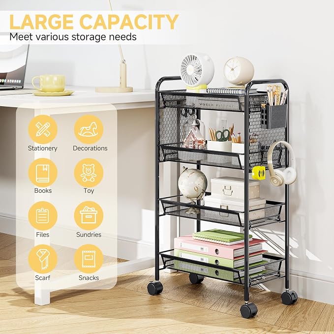KINGRACK 4 Tier Rolling Cart, Metal Utility Storage Cart with Pegboard | Screwless Assembly, Lockable Wheels, 4 Hooks & 1 Bin, Mobile Organizer for Bathroom Kitchen Office Craft Room Laundry, Black