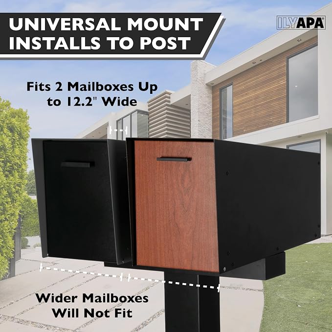 Ilyapa Double Mailbox Post for Outside - 43x4x4 inch Black Metal Dual Mailboxes Post for Outside with Universal Mounting Bracket Plate
