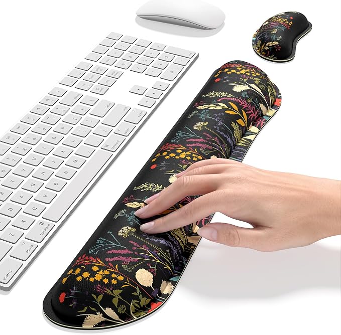 Dapesuom Enlarge Keyboard Wrist Rest, Memory Foam Wrist Cushion for Desk Mats Support, Typing Pain Relief Keyboard Mouse Pad Rests Set with Non-Slip Base for Gaming Laptop Computer, Floral Cartoon