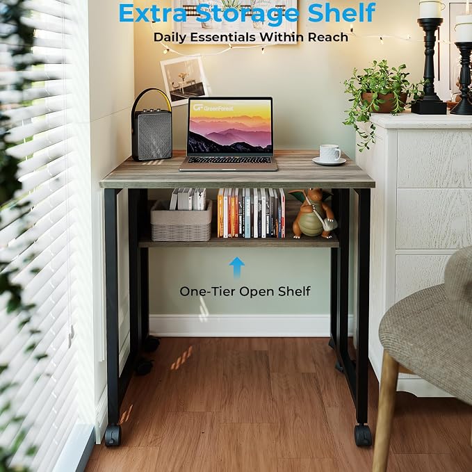 GreenForest Folding Desk with Wheels, 24.8" Rolling Table for Small Spaces | Storage Shelf, Lockable Casters, Compact Portable Workstation, Space-Saving Foldable Sofa Table, Home Office, Mobile, Grey