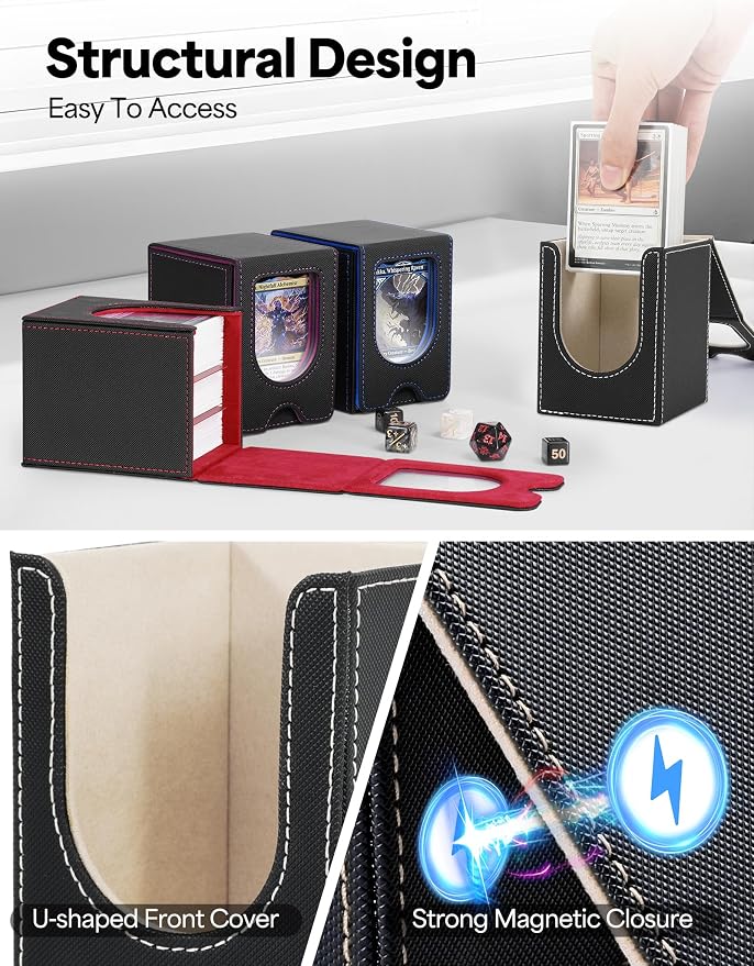 Card Deck Box for MTG Commander, Card Case Holds 100+ Double-Sleeved Cards, Magic Card Box Fits for TCG/PTCG/CCG Card with 2 Dividers (Black&Gold)