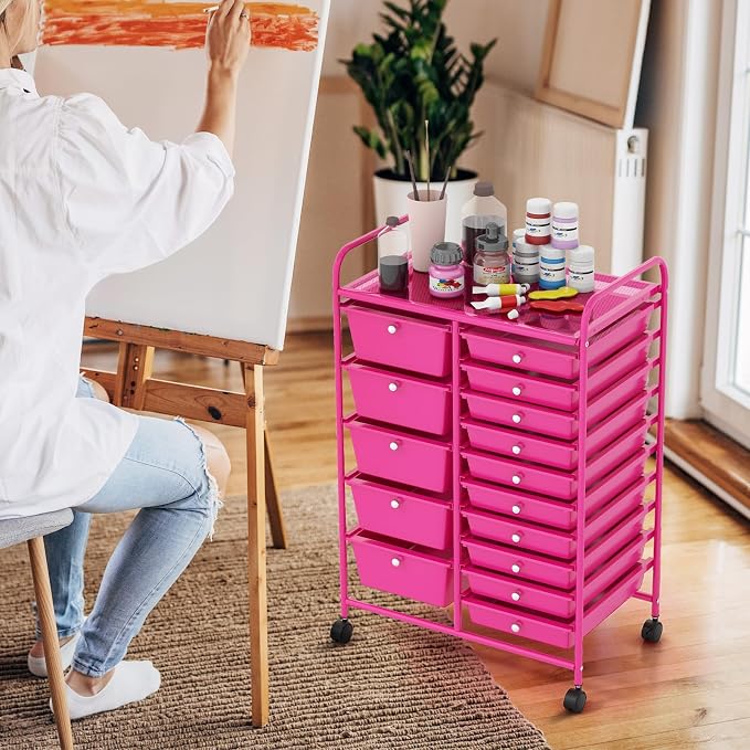 COSTWAY 15 Drawer Rolling Storage Cart, Mobile Storage Organizer | Removable Drawers & Metal Frame, Multipurpose Utility Tools Paper Organizer on Wheels for Home, Office (Hot Pink)