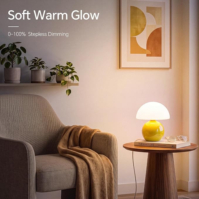 Mushroom Lamp Table Lamp for Bedroom-Small Desk Table Lamps,Yellow | 8.7" Mid Century Modern Table Lamps for Living Room Bedroom Decor,Cute Ceramic Lamps for Mushroom Home Room Decor,Glass Shade