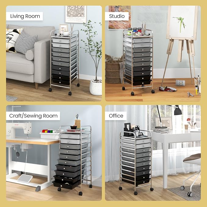 COSTWAY 10-Drawer Rolling Storage Cart, Utility Mobile Trolley | Removable Drawers & Universal Casters & 2 Brakes, Versatile Flexible Drawer Organizer Cart for Home, Office (Mixed Black)