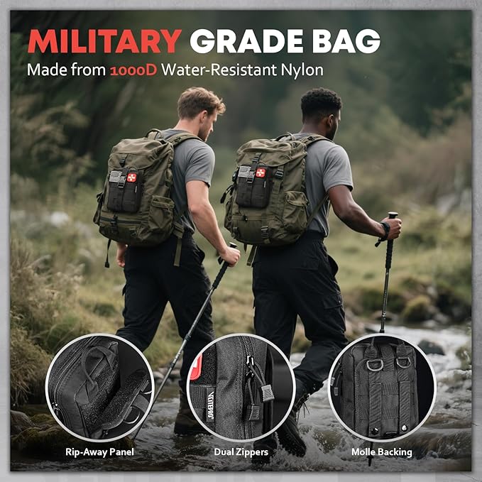 VLITEPRO 242 Piece First Aid & Survival Kit – Molle Pouch IFAK, 1000D Nylon, Color-Coded Compartments, Medical Kit for Camping, Boat, Hunting, Hiking, Home, Car/Home/Earthquake Emergency (Black)