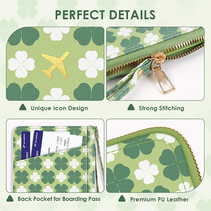 KONVINIT Four Leaf Passport Holder For Travel, Passport Cover For Women | Leather RFID Blocking Passport Holder, Cute Passport Wallet with Zipper Closure, Passport Case for Women and Men