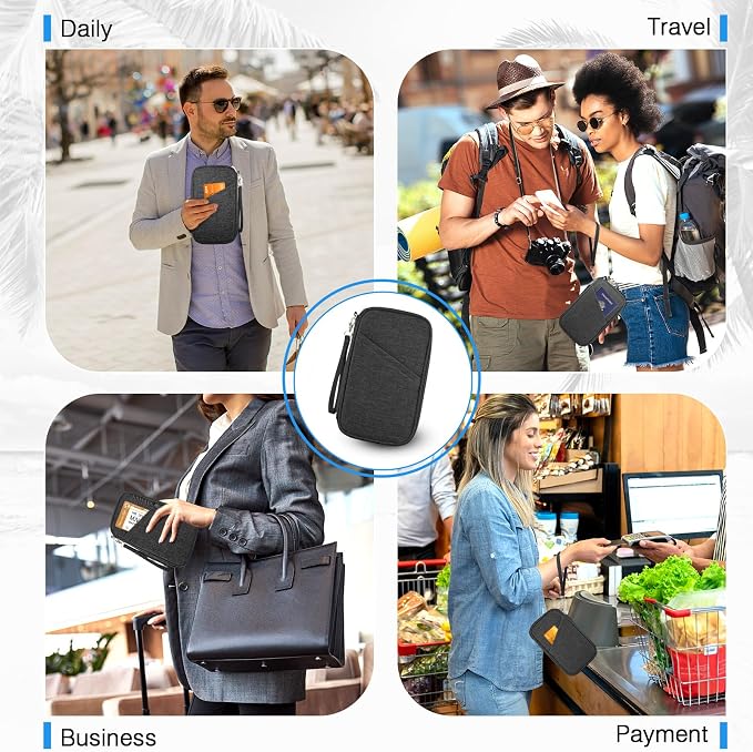 Passport Holder Family RFID Travel Document Organizer for Women Waterproof Passport Wallet Men Portable Case for Cards, Boarding Pass, ID, Money, Tickets with Zipper