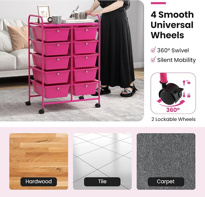BECOMFORT 10-Drawer Rolling Cart with Drawers, Storage Cart on Wheels, Teacher Classroom Organizers with Metal Frame, Mobile Craft Cart, Trolley Utility Cart for School Office Play Room