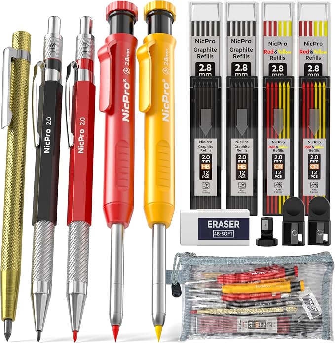 Nicpro 18 Pack Carpenter Pencil Set with Sharpener, Mechanical Carpenter Pencils with 76 Refills and Carbide Scribe Tool, Deep Hole Marker, Heavy Duty Construction Pencil for Architect-With Case | Heavy Duty Construction Pencils, Comfortable Grip Woodw...