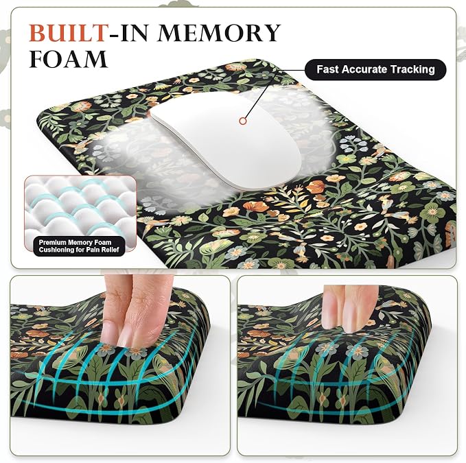 iCasso Mouse Pad with Wrist Rest,Ergonomic Large Desk Mat Set, Black | Keyboard Pad with Wrist Support, Non-Slip Mouse Mat for Women, Cute Floral Computer Mat for Home Office Gaming