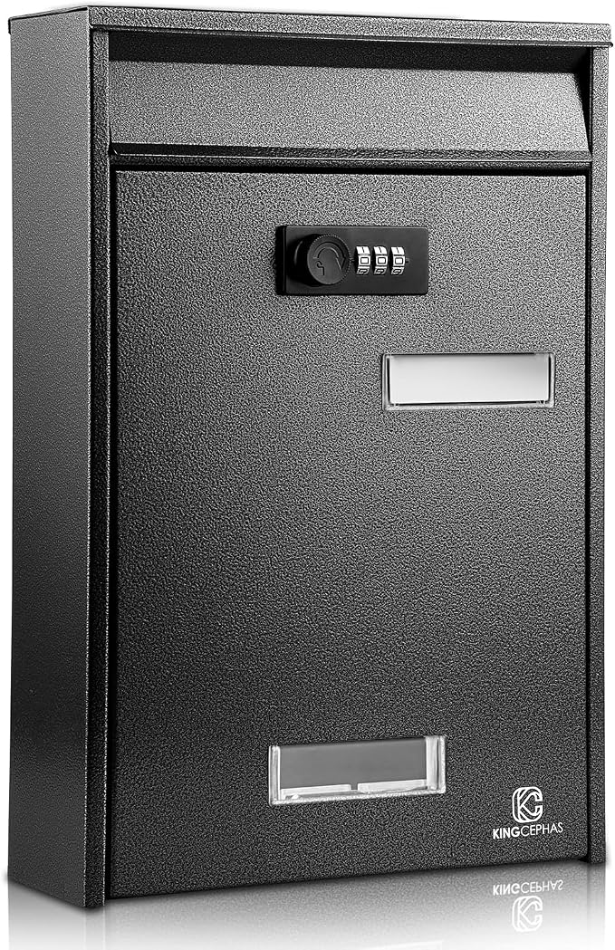 KINGCEPHAS Wall-Mounted Mailbox with Combination Lock,Small Capacity Mail Box for House, Waterproof Postbox,Mailboxes for Outside, 8.5” x 3” x 12.4” (Black)